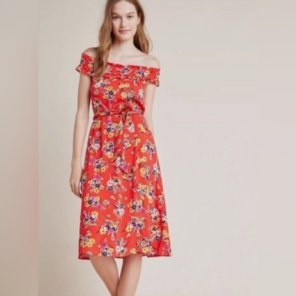 Anthropologie Red Floral Off-Shoulder Dress